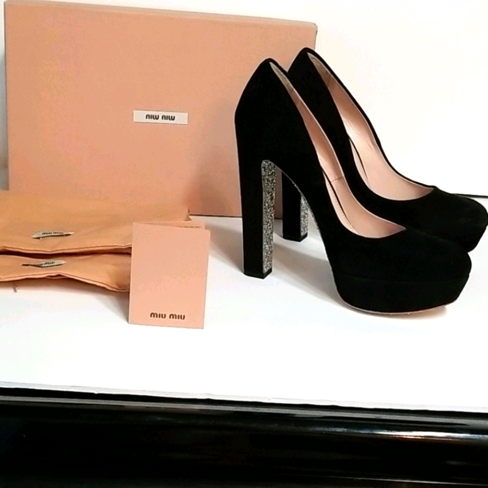 MIU MIU Silver Glitter Suede heels Worn Once